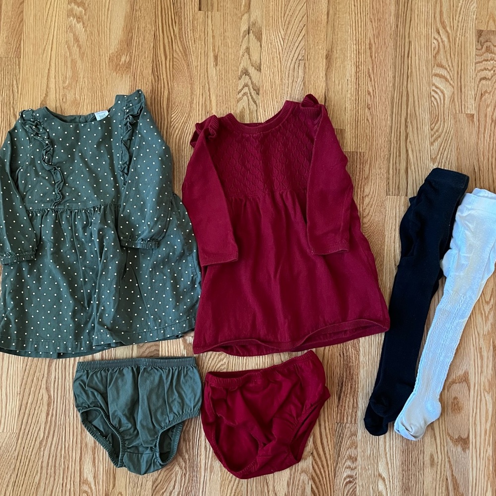 2 Carter’s Holiday Dresses - 18 month - Red & Green with 2 pairs of warm tights